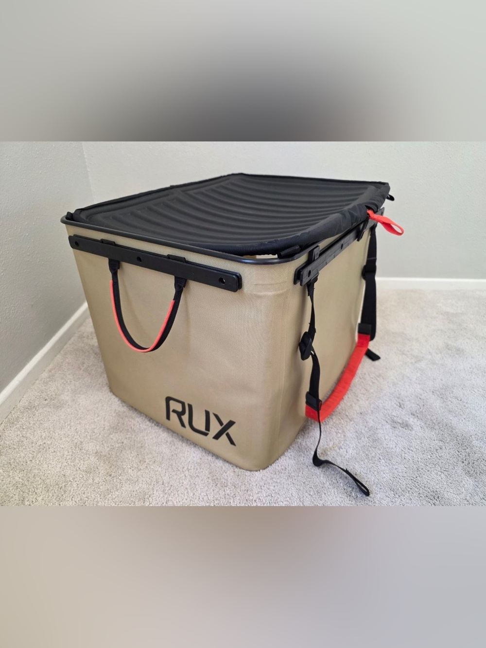 RUX 70L Gear Storage Container Collapsible Tote Bag with Lid Tan Black